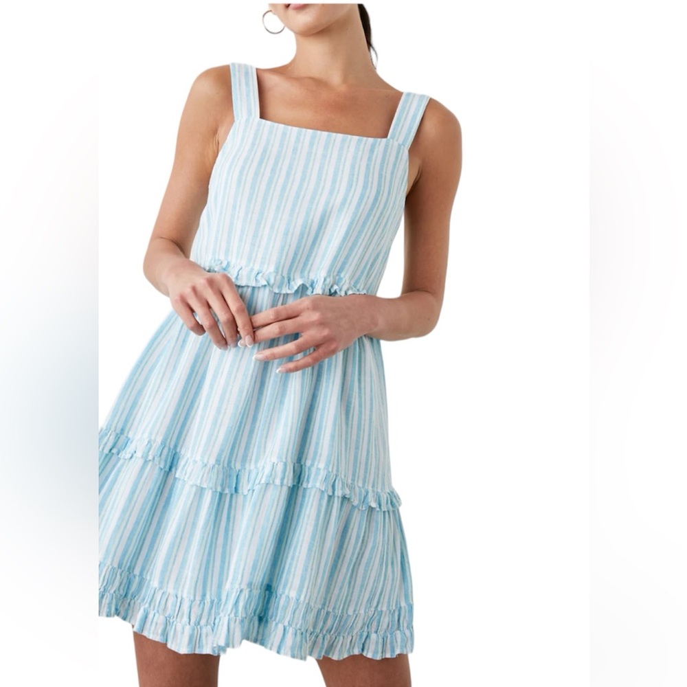 Rails Sandy Striped Linen Sun Dress Square Neck Laguna Blue White Size XL NWT